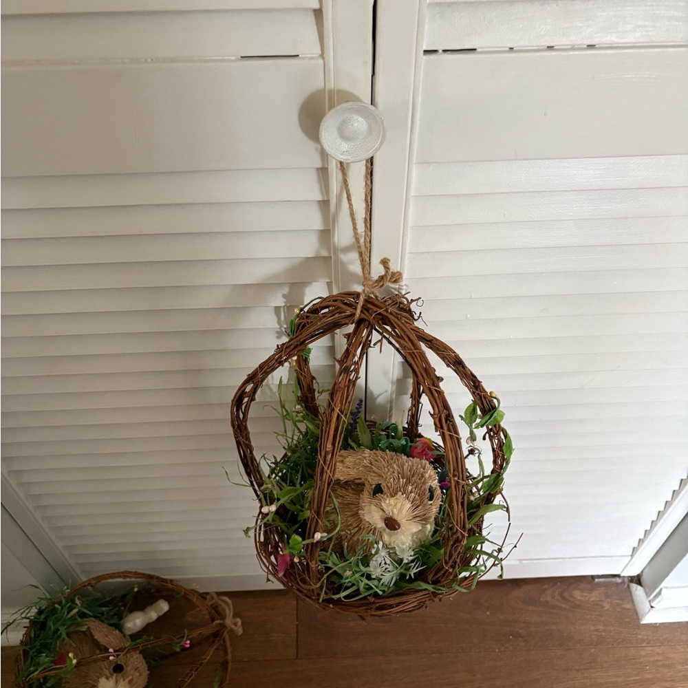Hedgehog Wicker Hanging Basket with Greenery